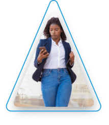 A woman looking at a mobile phone screen.